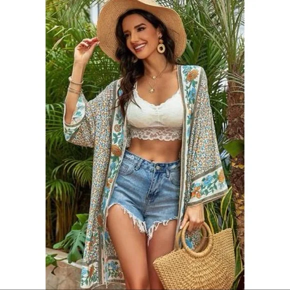 Boho Floral Print Kimono - Picture 1 of 5